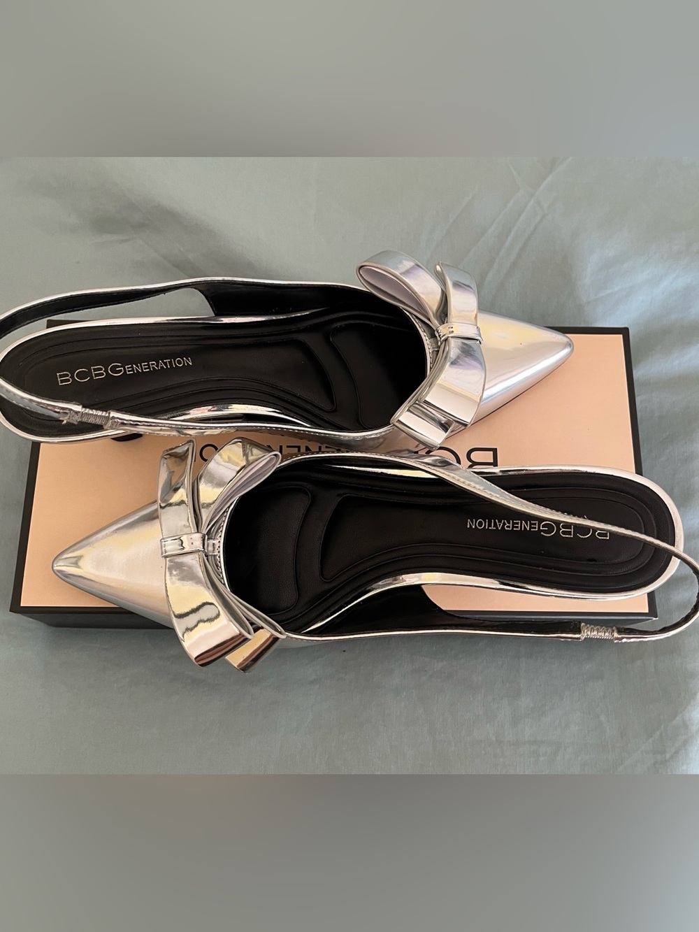 BCBGeneration Silver Pointed-Toe Bow Kitten Heels